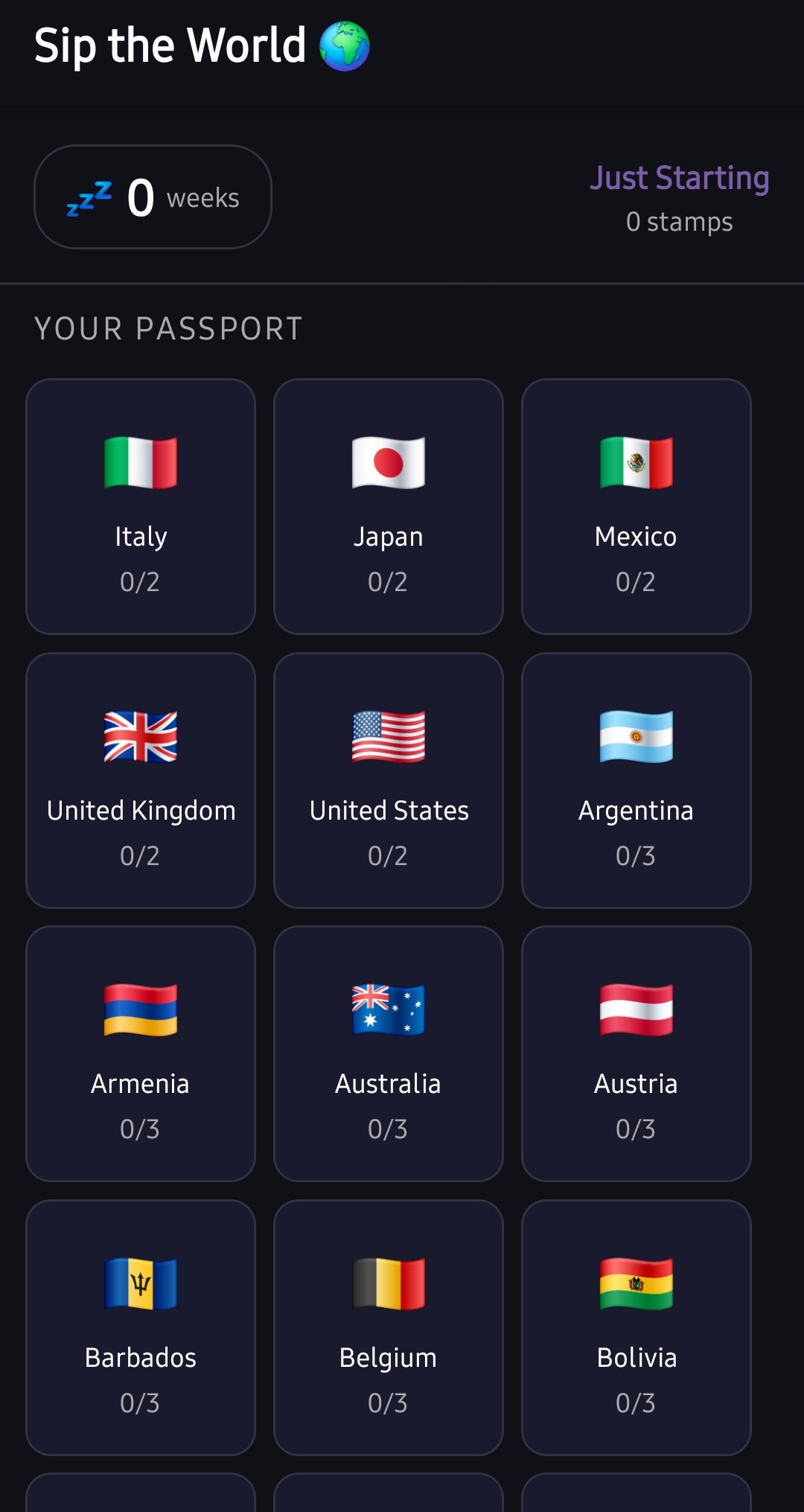 Sip the World passport screen showing country grid with flags