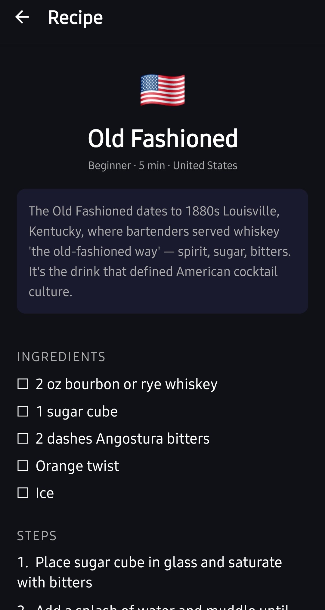 Sip the World recipe screen showing Old Fashioned cocktail instructions
